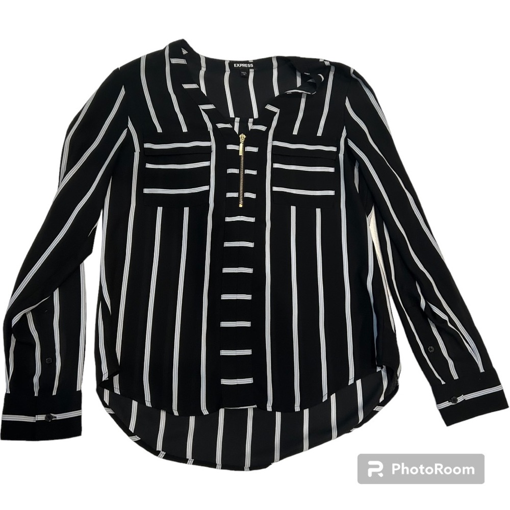 Express long sleeve blouse black blue white stripes zipper front detail